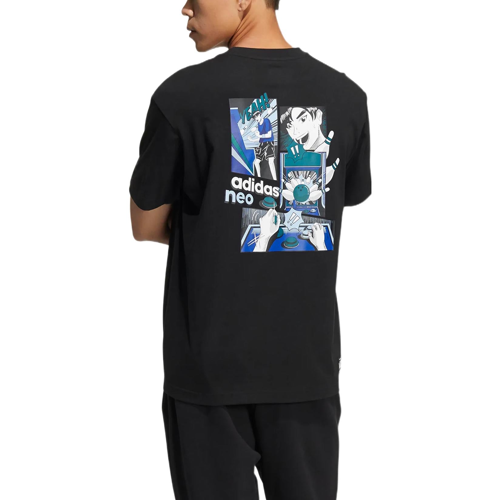 Men's adidas neo Cartoon Character Printing Logo Round Neck Short Sleeve Black T-Shirt HD4623
