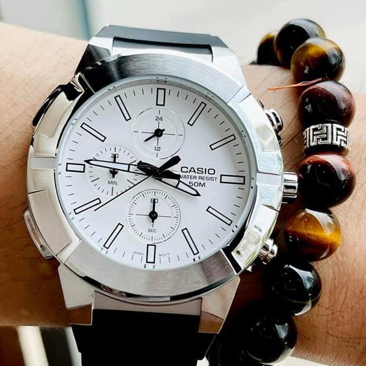 Casio Dress Classic Minimalistic Analog Watch 'White Black Silver' MTP-E500-7AV