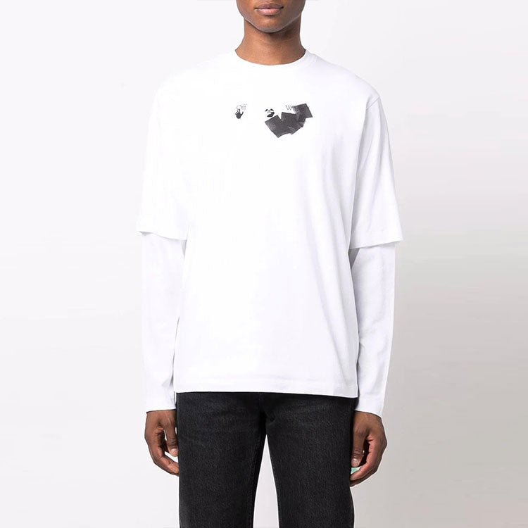 Men's Off-White Arrow Pattern Printing Double Layer Sleeve Long Sleeves Loose Fit White T-Shirt OMAB066F21JER01001100110
