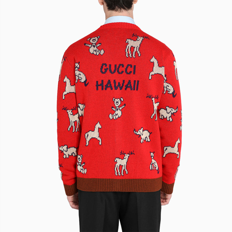 Gucci Hawaii Animal Jacquard Wool Knitted Cardigan For Men Red 626635-XKBGB-6229
