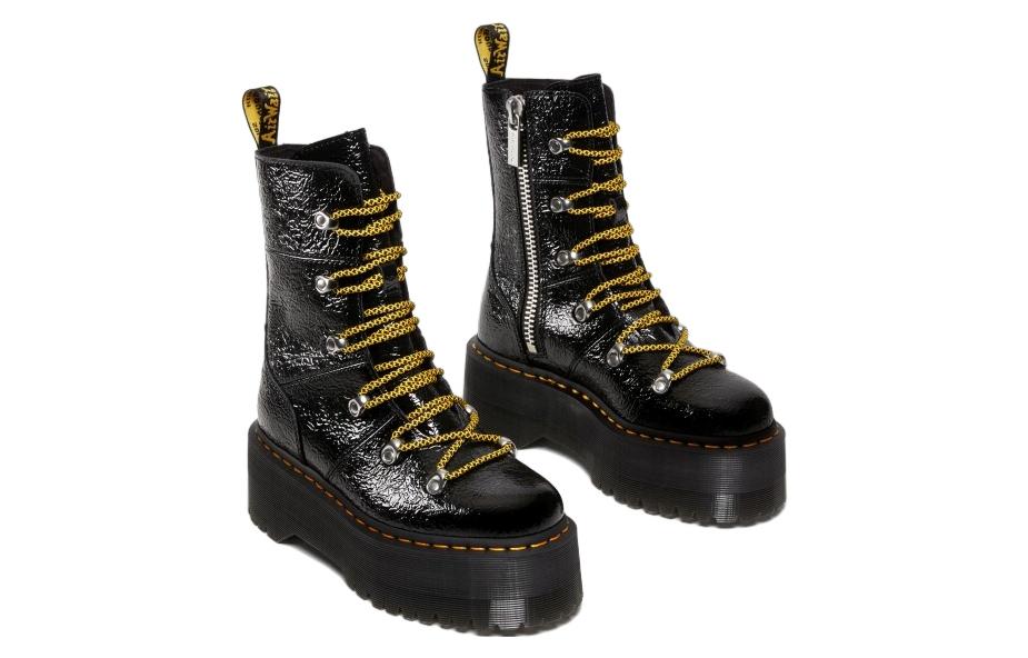 (WMNS) Dr. Martens Ghilana Max Distressed Patent Leather Platform Boots 'Black' 27788001