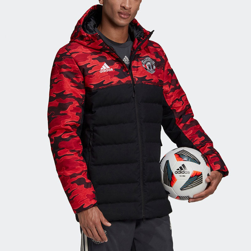 adidas Mufc Manchester United Camouflage Colorblock Sports hooded down Jacket Black Red FR3871