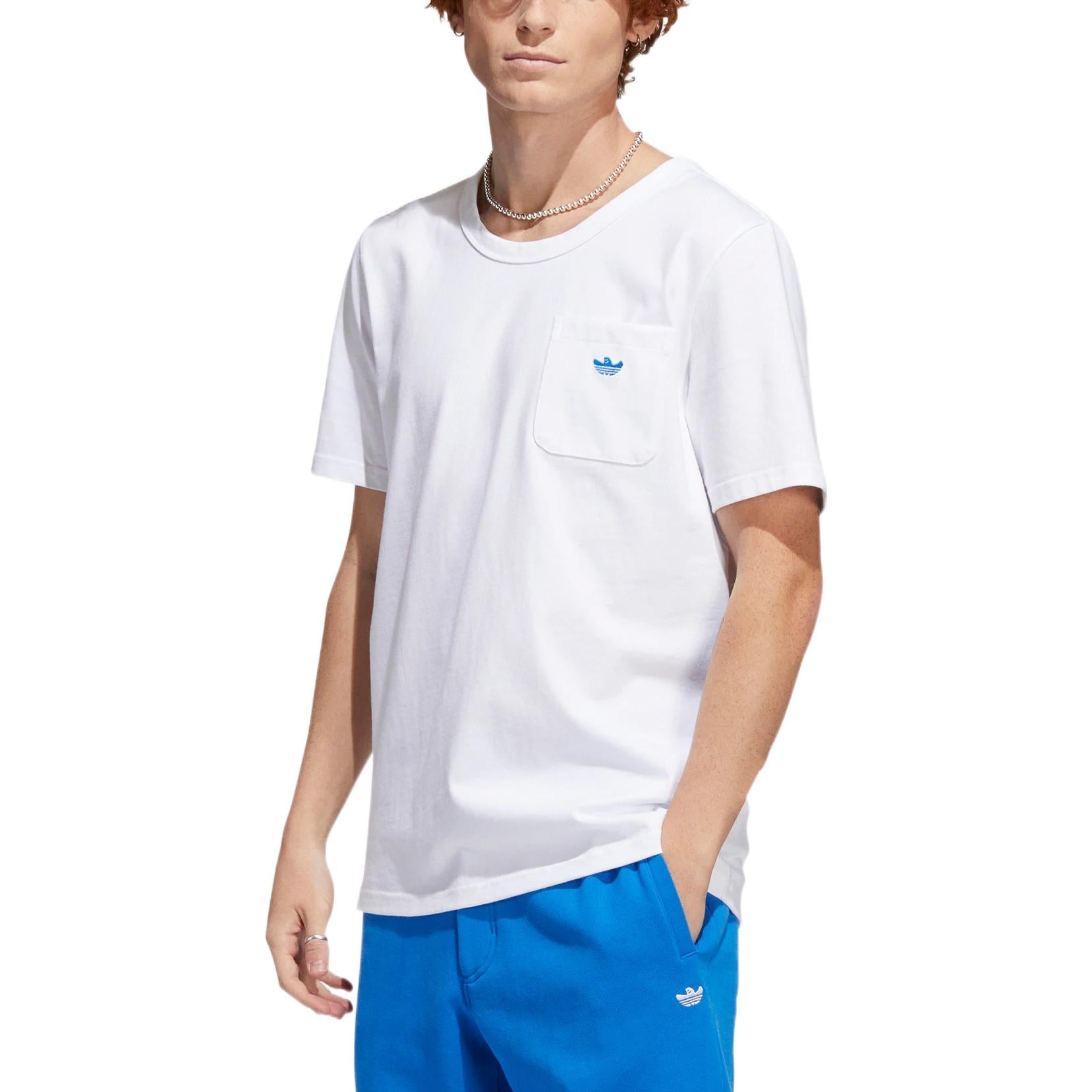 adidas originals Solid Color Chest Pocket Round Neck Casual Short Sleeve White HM6857