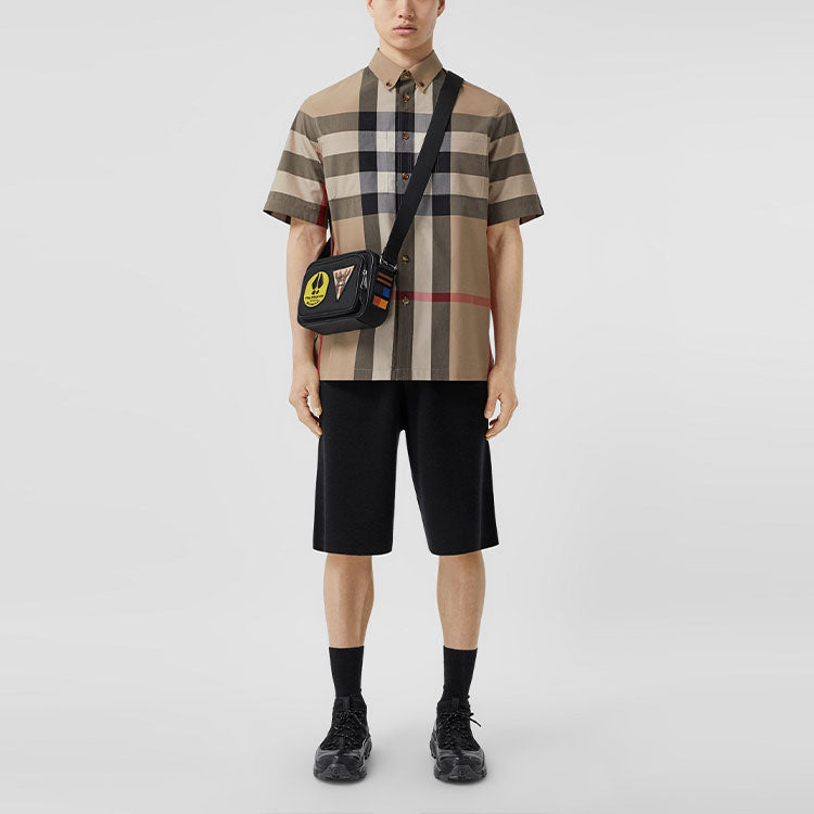 Men's Burberry Plaid Cotton Short Sleeve Shirt Beige 80428361