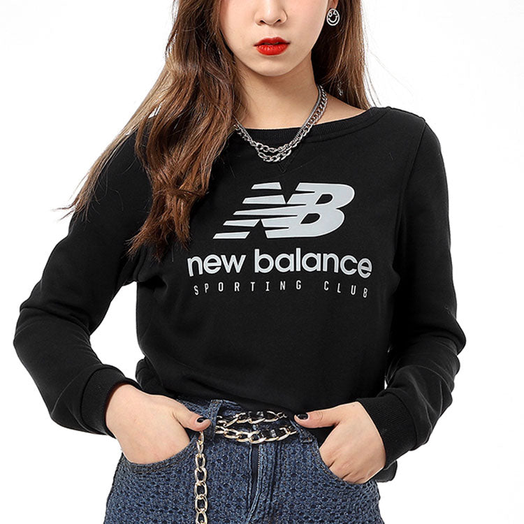 (WMNS) New Balance Logo Sweatshirt Asia Sizing 'Black White' AWT71616-BK
