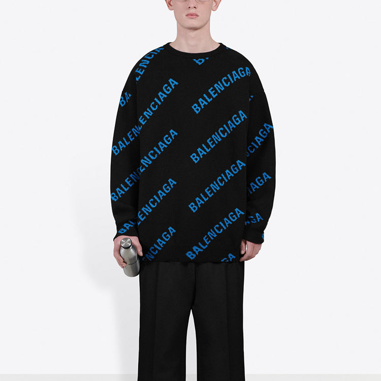 Balenciaga Allover Logo Crewneck Sweater 'Black Blue' 625970T31781165