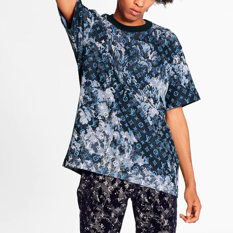 LOUIS VUITTON LV Monogram Tapestry Vintage Floral Pattern Short Sleeve For Men Blue 1A8H2O