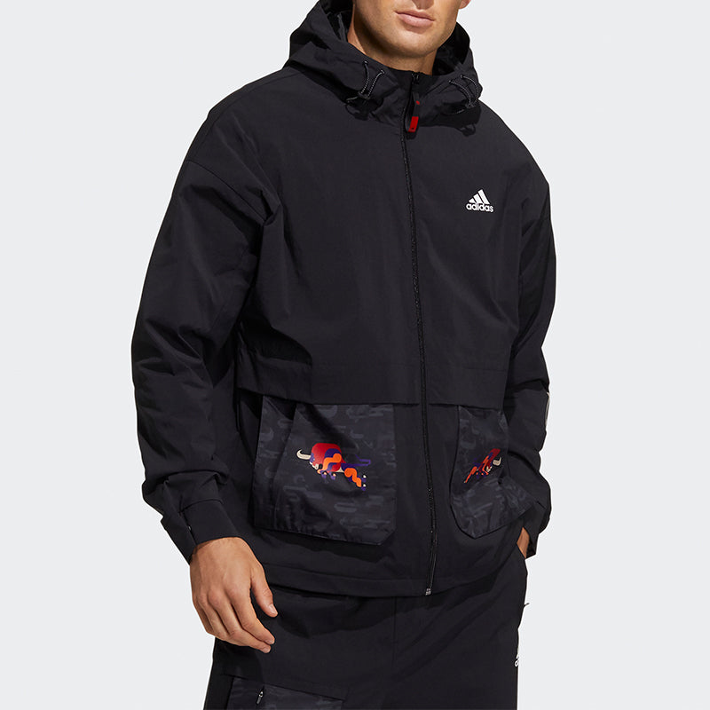 adidas CNY JKT Training Sports hooded Fleece Lined Jacket Black GP1821