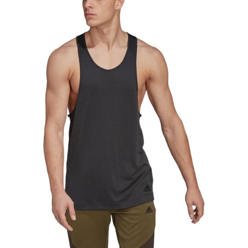 Men's adidas Solid Color Logo Round Neck Yoga Gym Sports Dark Grey Vest HC4435