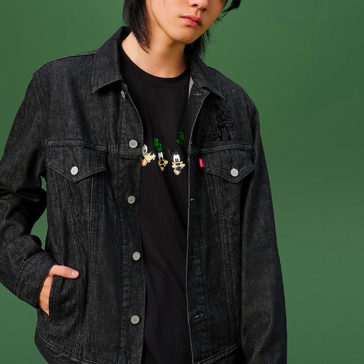 Men's Levis x Disney Crossover Embroidered Pattern lapel Long Sleeves Jacket Black A0880-0000
