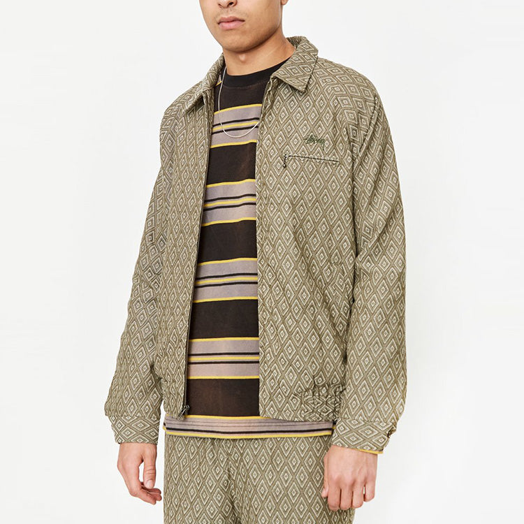 Stussy Bryan Diamond Rhombus Full Print Pattern Unisex Khaki Jacket 115491