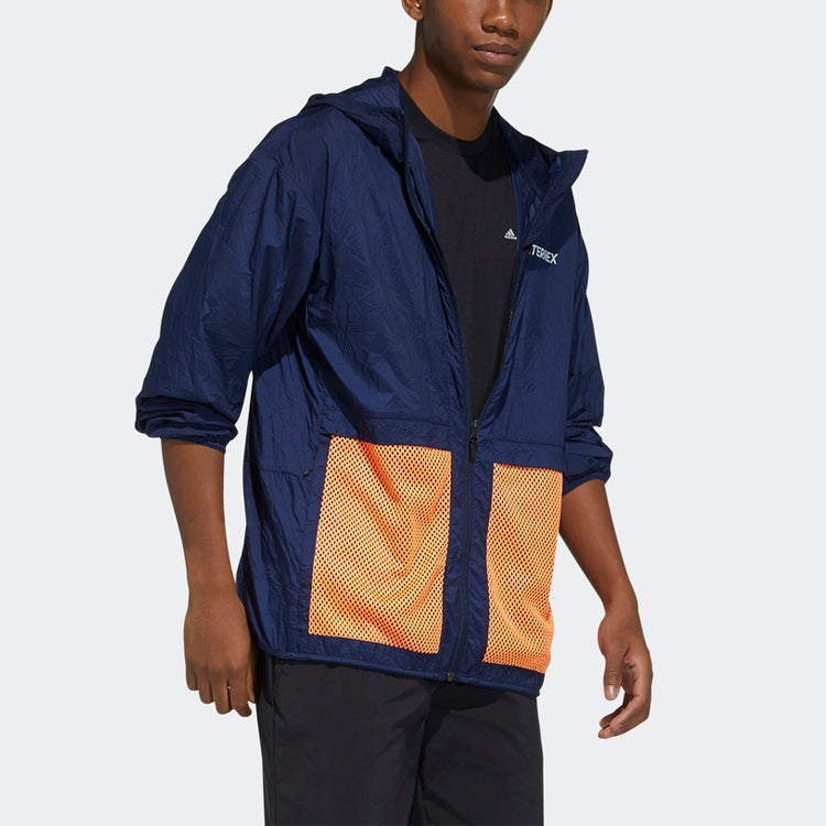 adidas Terrex Bao Pack Windb Outdoor Sports Mesh Contrasting Colors Pocket Hooded Jacket Navy Blue GN7600