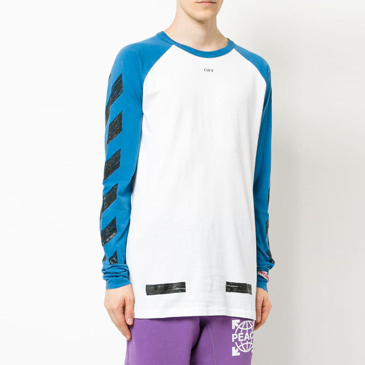 Men's Off-White Raglan Sleeve Colorblock Paint Arrow Long Sleeves Colorblock T-Shirt OMAB008F171850303010