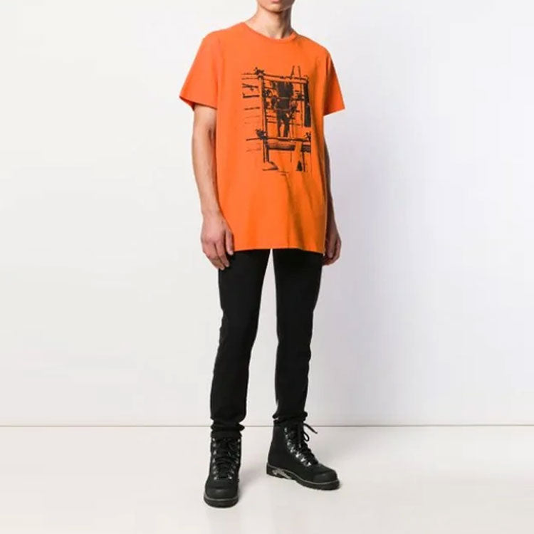 Off-White Cotton Arrow Pattern Printing Round Neck Short Sleeve Orange OMAA027F191850071910
