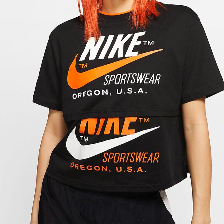 (WMNS) Nike logo Splicing Short Sleeve Asia Edition 'Black' CJ2041-010