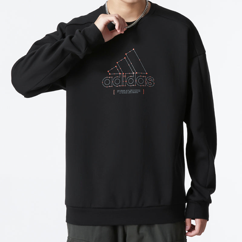 Men's adidas Th Mh Crew Logo Athleisure Casual Sports Round Neck Black HM5152