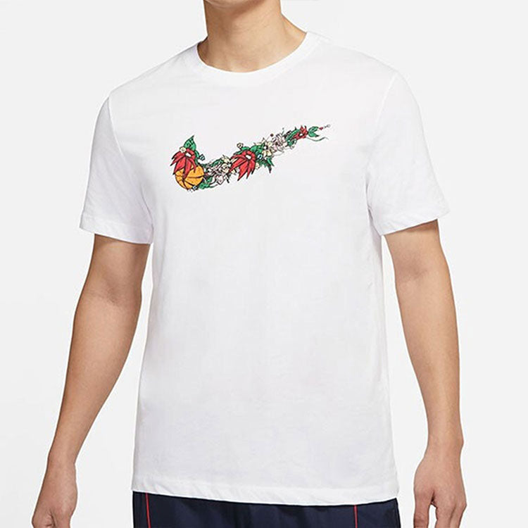 Men's Nike Flowers Large Logo Casual Sports Solid Color Round Neck Short Sleeve White T-Shirt DV1215-100