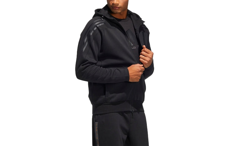 adidas Solid Color Knit Hooded Jacket Black HE7404
