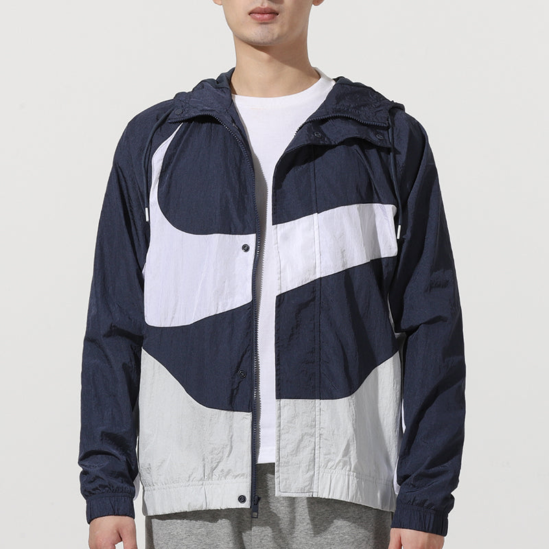 Men's Nike Sportswear Swoosh Contrasting Colors Large Logo Hooded Woven Jacket Autumn Navy Blue DD5968-437