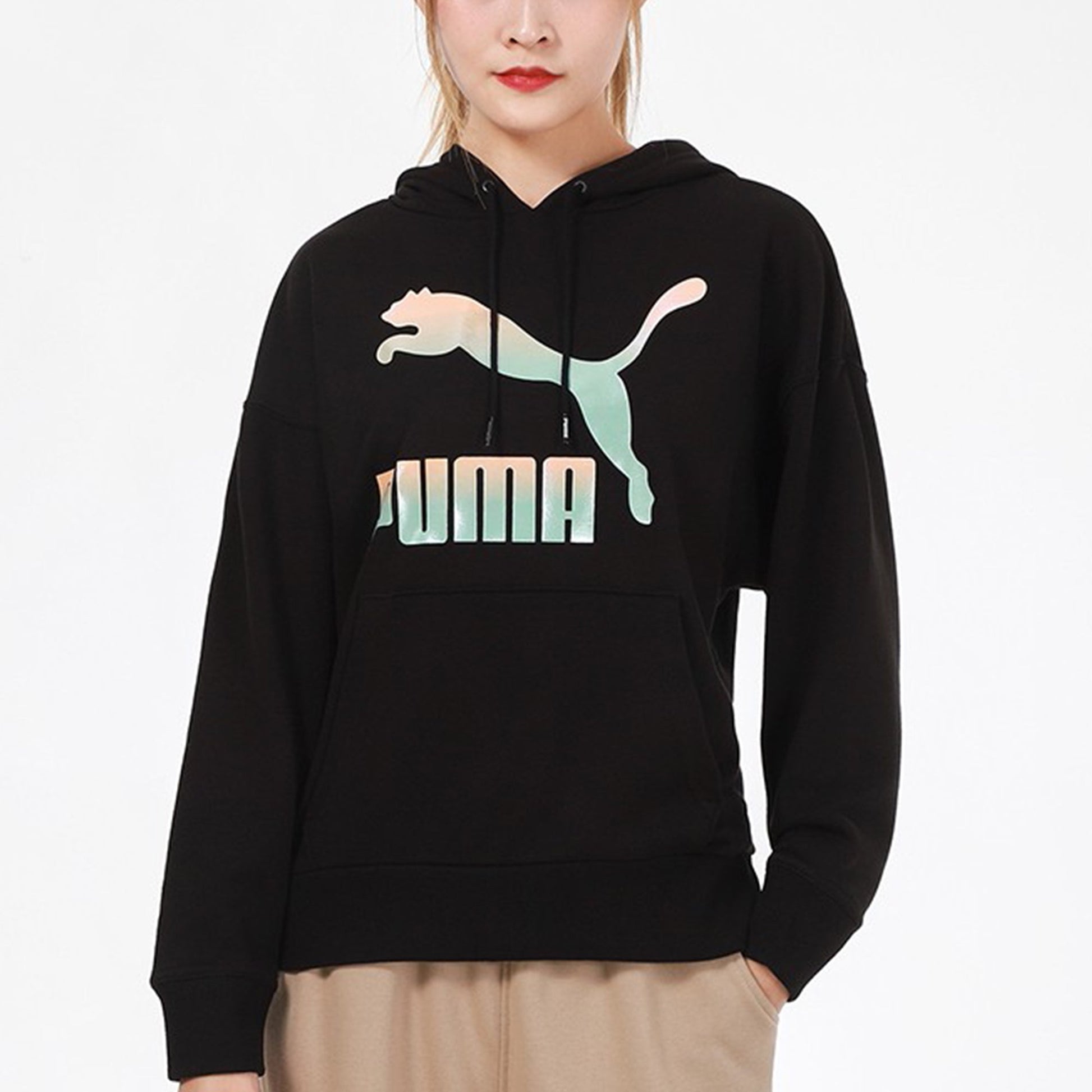 (WMNS) PUMA Classics Logo Hoodie 'Black White' 531385-71