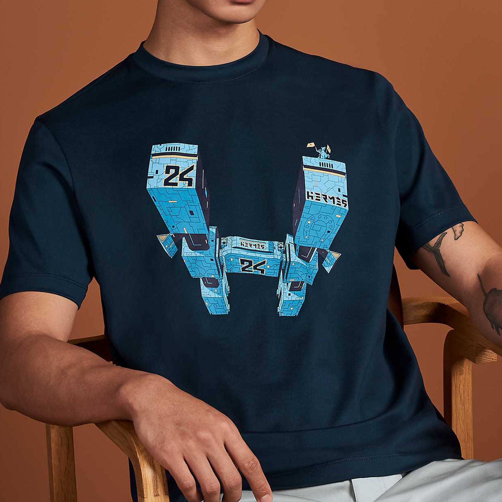 Men's HERMES Pattern Printing Round Neck Pullover Short Sleeve Dark Blue H037730-HA60