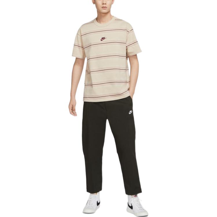 Men's Nike Logo Embroidered Stripe Round Neck Short Sleeve Beige T-Shirt DQ1117-206