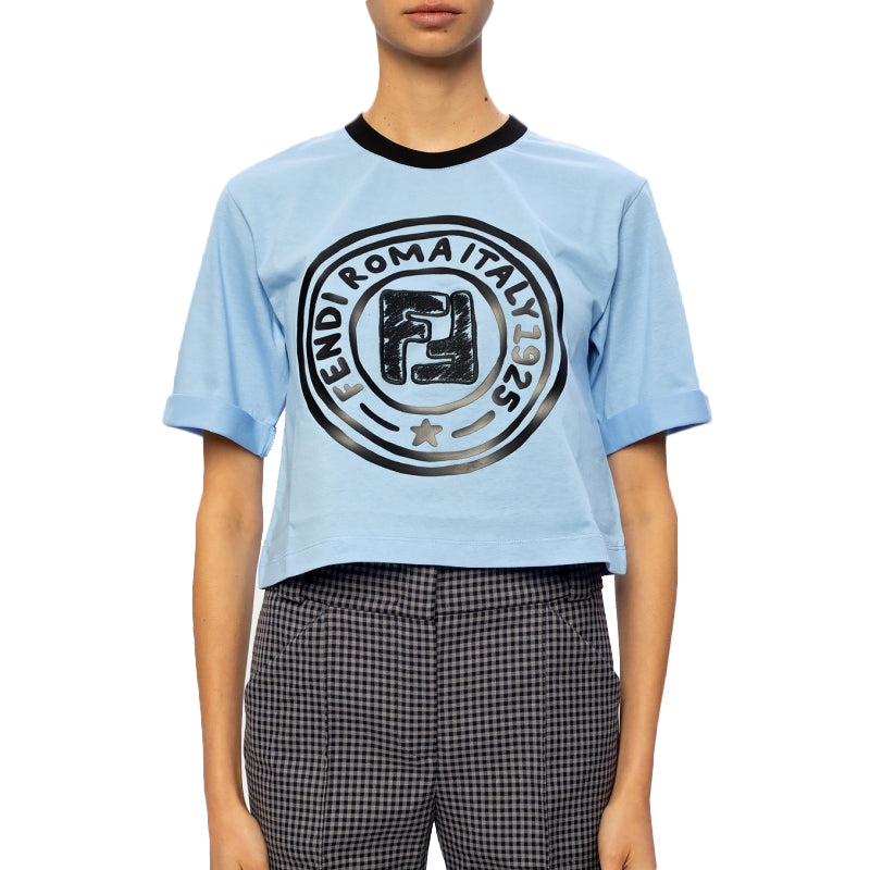 FENDI F Pattern Printing Round Neck Pure Cotton Short Sleeve Light Blue FS7183AC6EF1B64