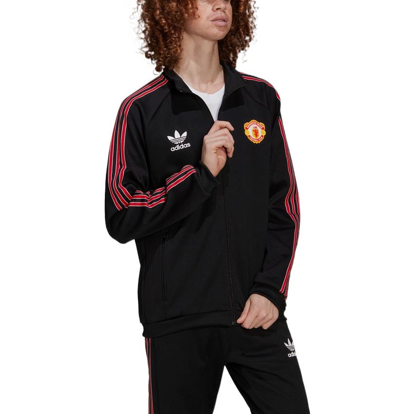 Men's adidas originals SS22 Manchester United Sports Stripe Logo Stand Collar Jacket Black HP0454