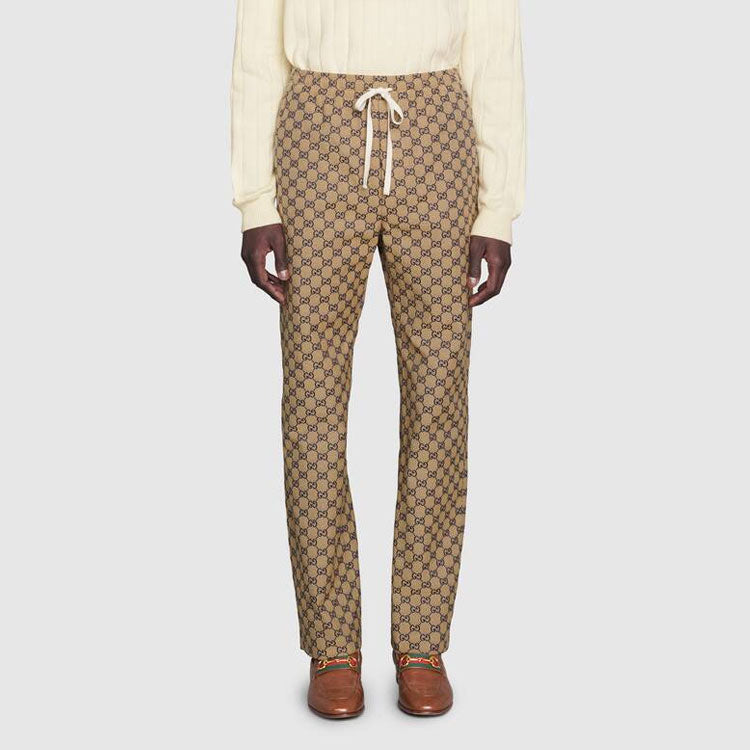 Men's Gucci SS21 Leather Interlock Double G Canvas Long Pants/Trousers Beige 658090-Z8AOV-9078