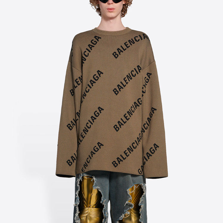 Balenciaga All Over Logo Crewneck Wool Knit Sweater 'Light Brown' 657401T32002900