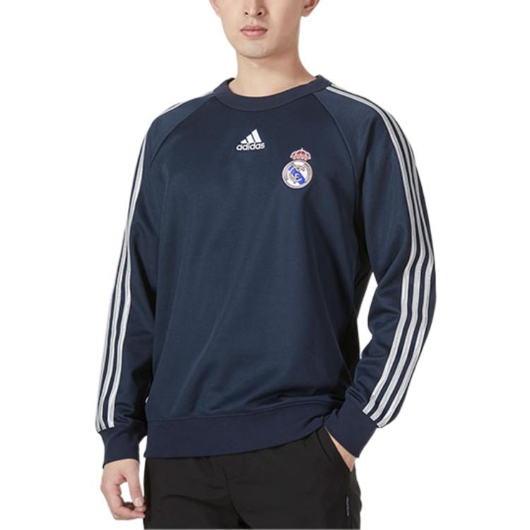 Men's adidas Stripe Logo Pattern Embroidered Round Neck Pullover Autumn Blue HA2531