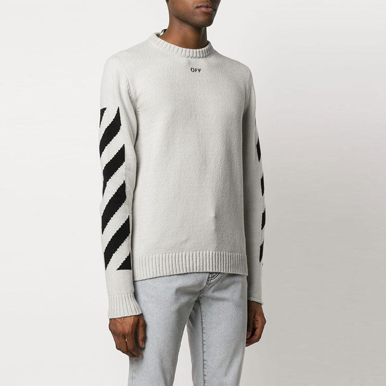 Men's Off-White Arrows Diagonal Stripes Intarsia Pullover Wool Sweater Slim Fit White OMHE023S20G730220610
