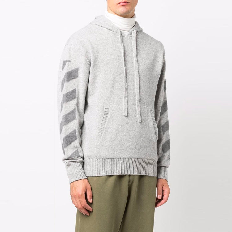 Men's Off-White FW21 Diagonal Stripes Hooded Pullover Wool Sweater Loose Fit Gray OMHA097F21KNI0010900