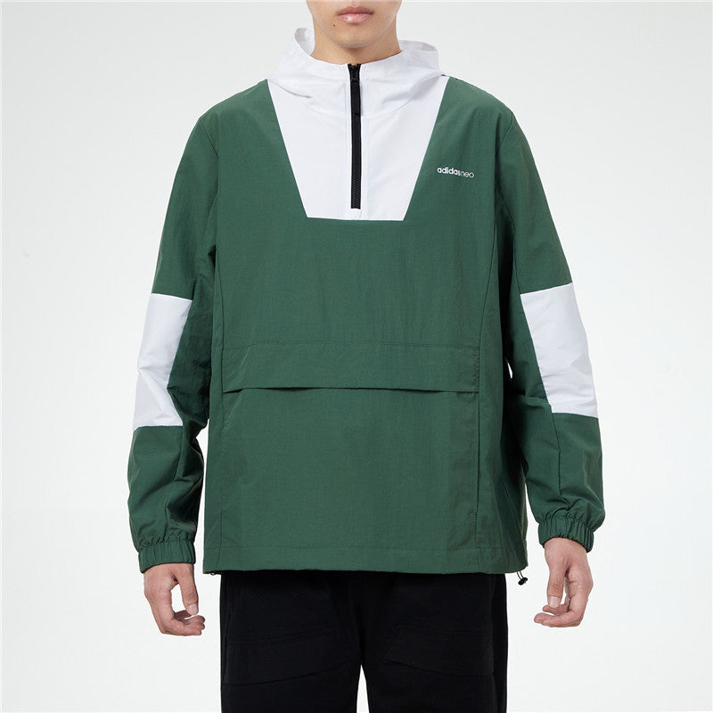 adidas Sports Running Training Casual Half Zipper Hooded Jacket Green H55264
