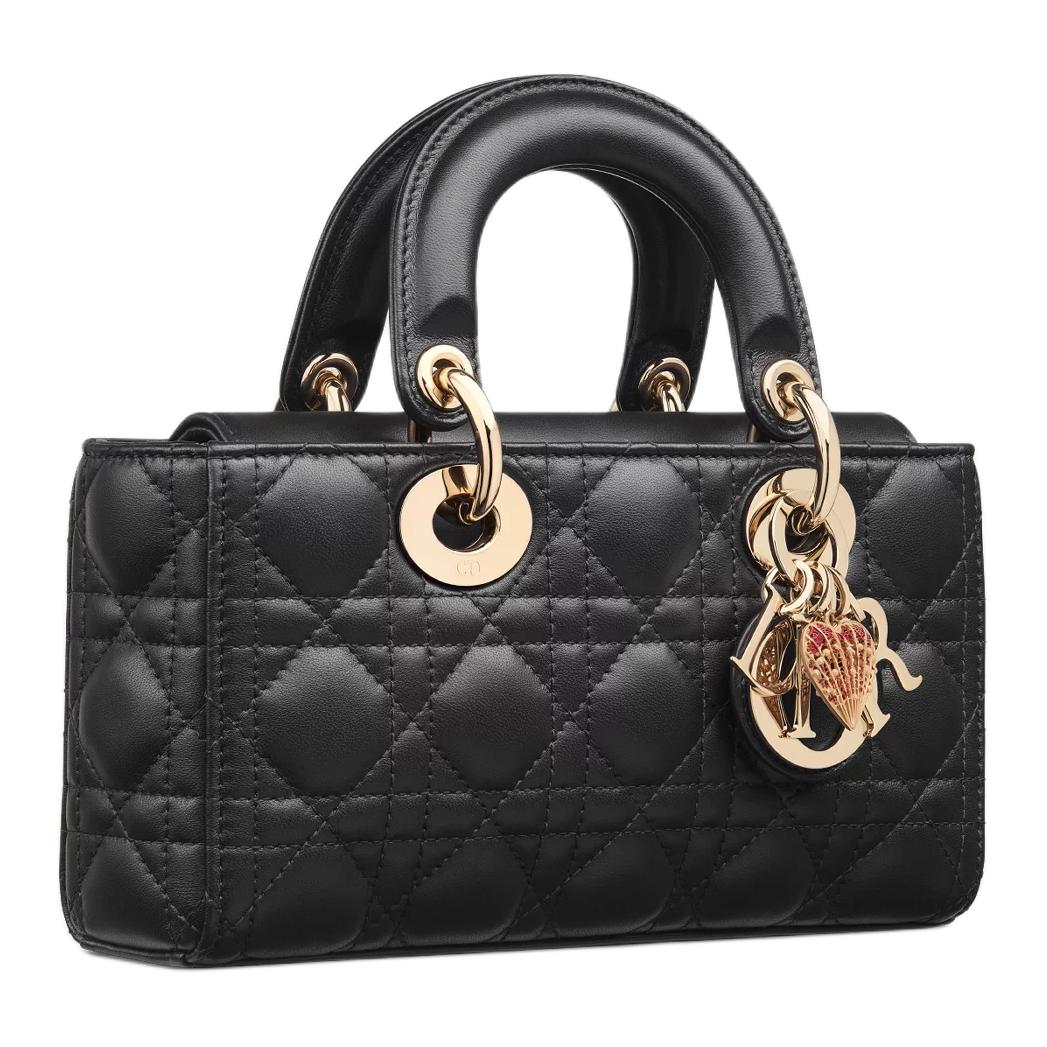 DIOR Lady D Joy Sheepskin One Shoulder Handbag Small Size Women's Black