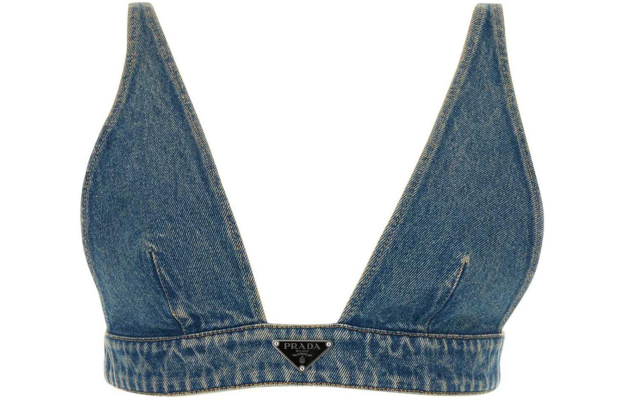 PRADA Plunging V Neck Denim Cropped Top