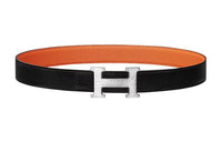 HERMES H Martelee Silver Buckle Togo Calfskin Double-Sided Leather Belt Women's Black Width: 3.2cm
