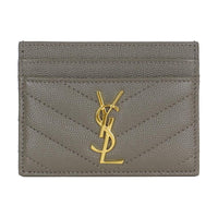 SAINT LAURENT Grained Embossed Leather Card Holder Wallet Unisex Gray