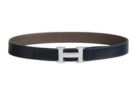 HERMES Stripes H-Buckle Smooth Buckle Leather Belts Men's Marine Blue/Gray Width: 3.2cm