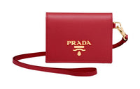 PRADA Saffiano Leather Lanyard Wallet, Card Holder Women's Red