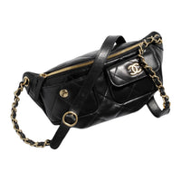 CHANEL Shiny Calfskin Fanny Pack Women's Black