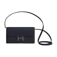 HERMES Epsom Calfskin Polished Crocodile Leather Wallet Women's Indigo Mixed Ink Blue