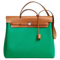 HERMES Herbag Zip Canvas With Leather Handbag Crossbody Bag Women's Brown & Green