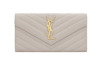 SAINT LAURENT Monogram Grained Embossed Quilted Leather Envelope Wallets Large Size Women's White