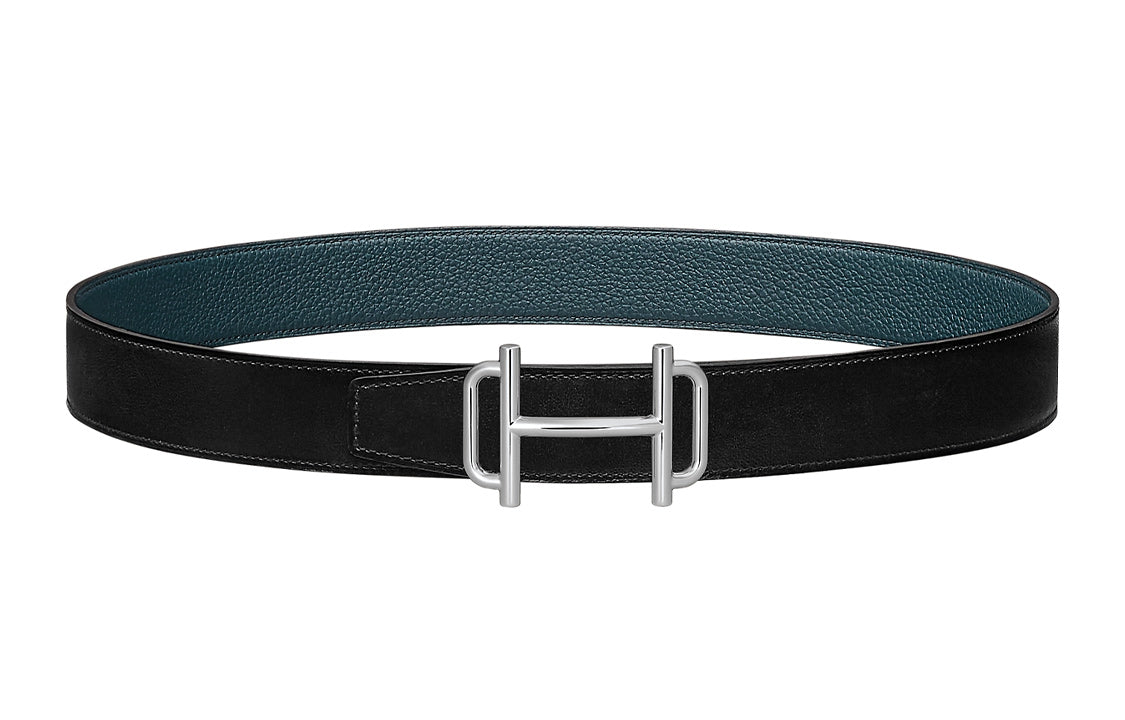 HERMES Avant-Garde Silver Buckle Togo Calfskin Double-Sided Leather Belt Women's Black Width: 3.2cm