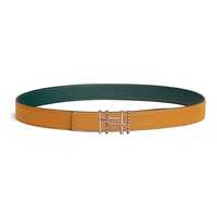 HERMES Calfskin Rose Gold-Plated Leather Belts Women's Brown/Green Width 2.4CM