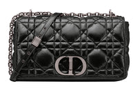 DIOR Caro Cow Leather Shoulder Bag Crossbody Bag Large Size Women's Black Silver