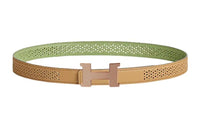 HERMES Cut-Out Design Versatile Light Gold Buckle Epsom Calfskin Double-Sided Leather Belt Women's Khaki Width: 2.4cm