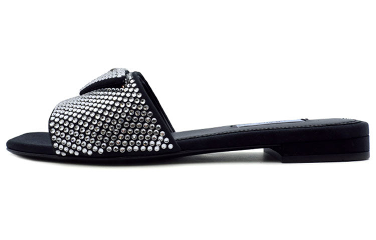 PRADA 10mm Crystal Slides Black Satin