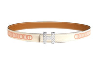 HERMES Garden Party Pattern Print Calfskin Leather Belts Women's White 2.4cm
